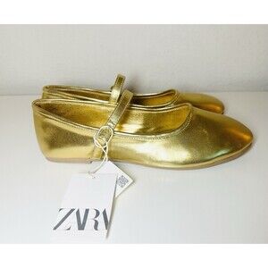 ZARA Gold Mary Jane Ballet Flats Metallic Shoes Women US 7.5‎ EU 38 NEW